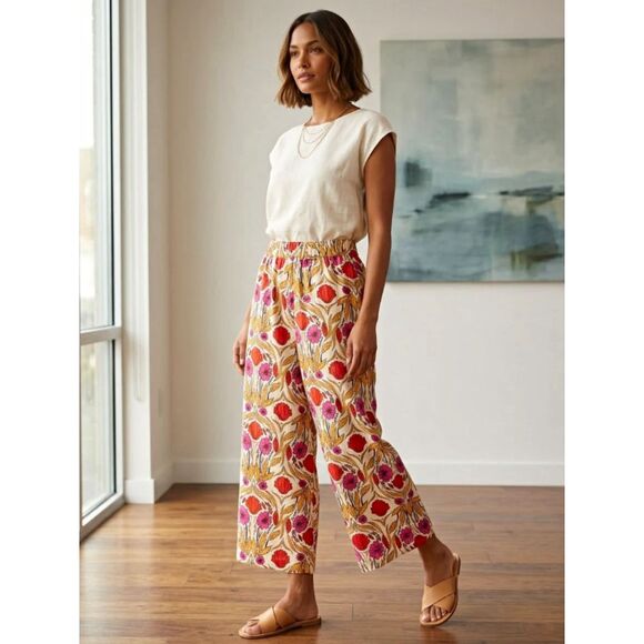 Rachel Zoe Pants - Rachel Zoe 100% Linen Flowy Baggy Wide Leg Floral Elastic Waist Pants Size M